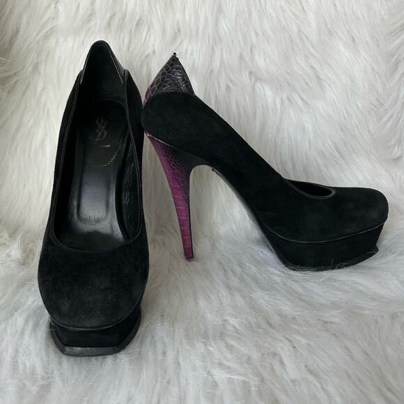 Yves Saint Laurent Shoes - YSL Yves Saint Laurent Tribute Black Suede Purple Platform Pumps Size 38 7.5